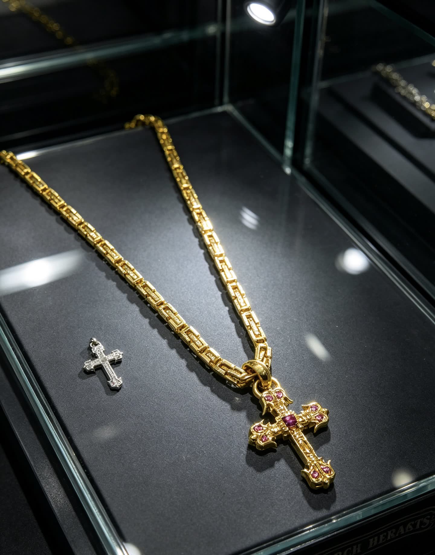 Chrome Hearts Gold Plated Cross Pendant with Ruby Stones